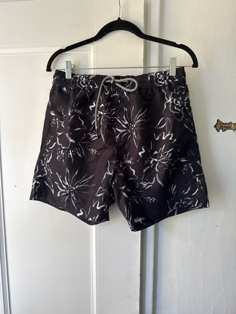 Forever 21 Black Swim Trunks with White Floral Print